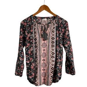 Mason & Belle Boho Blouse, Pink and Brown Floral Top with Beaded Tie, Medium